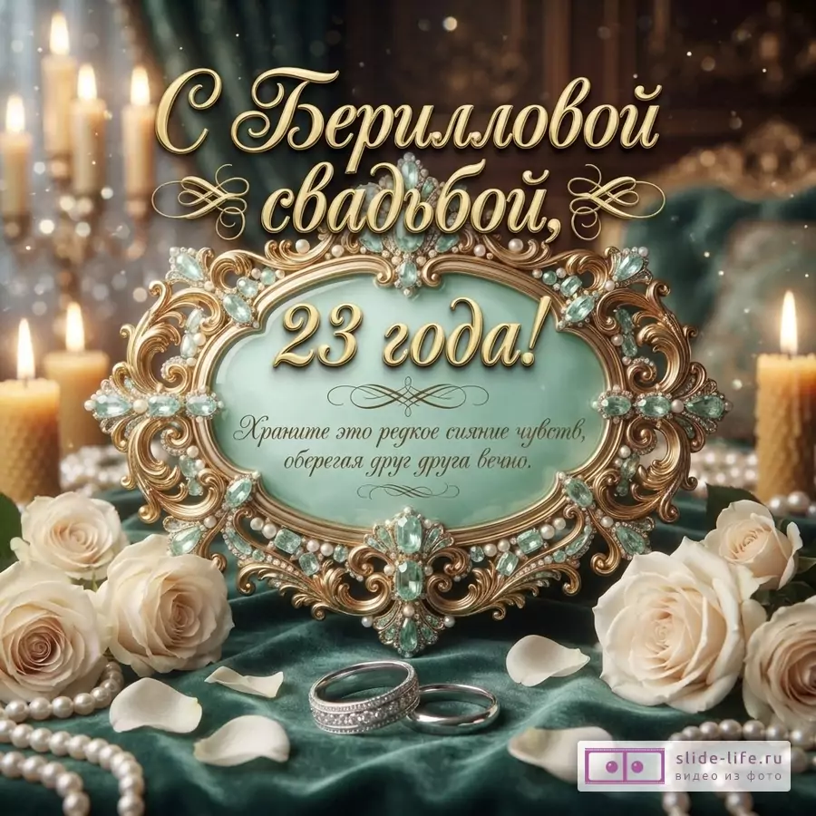 «С Берилловой свадьбой, 23 года! Храните это редкое сияние чувств, оберегая друг друга вечно.» Зелёный фон, свечи, цветы, кольца, жемчуг и декоративная рамка.