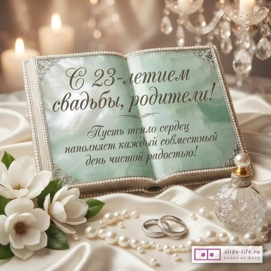 Открытка с текстом «С 23-летием свадьбы, родители! Пусть тепло сердец наполняет каждый совместный день чистой радостью!» на мятно-зелёном фоне, книга, свечи, цветы, жемчуг и кольца.