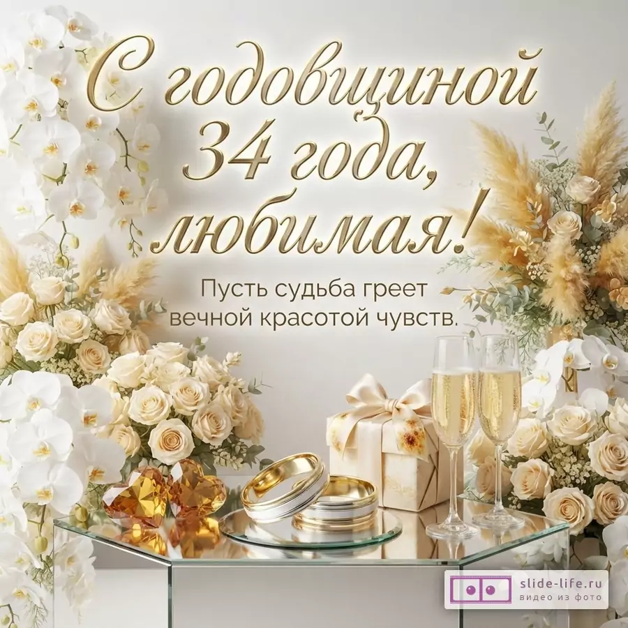 Белый фон, золотые буквы, белые орхидеи, бежевые розы, сухоцветы. Текст: «С годовщиной 34 года, любимая! Пусть судьба греет вечной красотой чувств.»