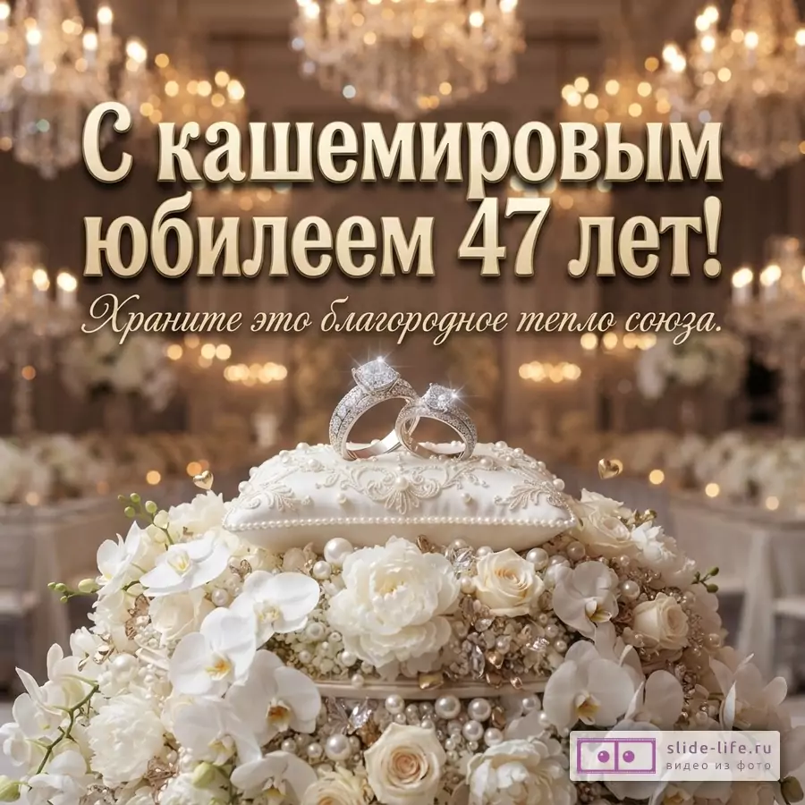 Открытка с золотыми буквами на размытом фоне с люстрами, на переднем плане свадебный торт с белыми цветами, жемчугом и двумя обручальными кольцами. Текст «С кашемировым юбилеем 47 лет! Храните это благородное тепло союза.»