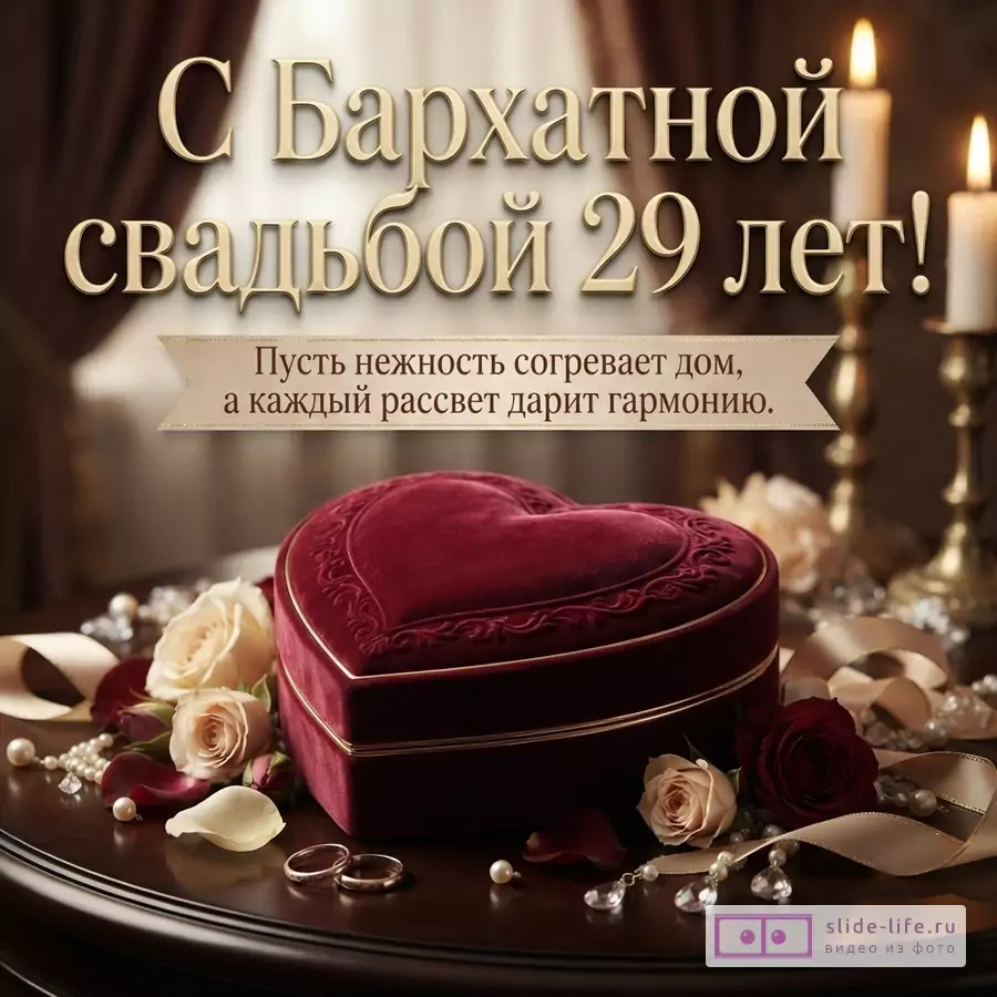 Открытка с красной бархатной шкатулкой в форме сердца, розами, жемчугом и обручальными кольцами на темном фоне. Текст: «С Бархатной свадьбой 29 лет! Пусть нежность согревает дом, а каждый рассвет дарит гармонию.»