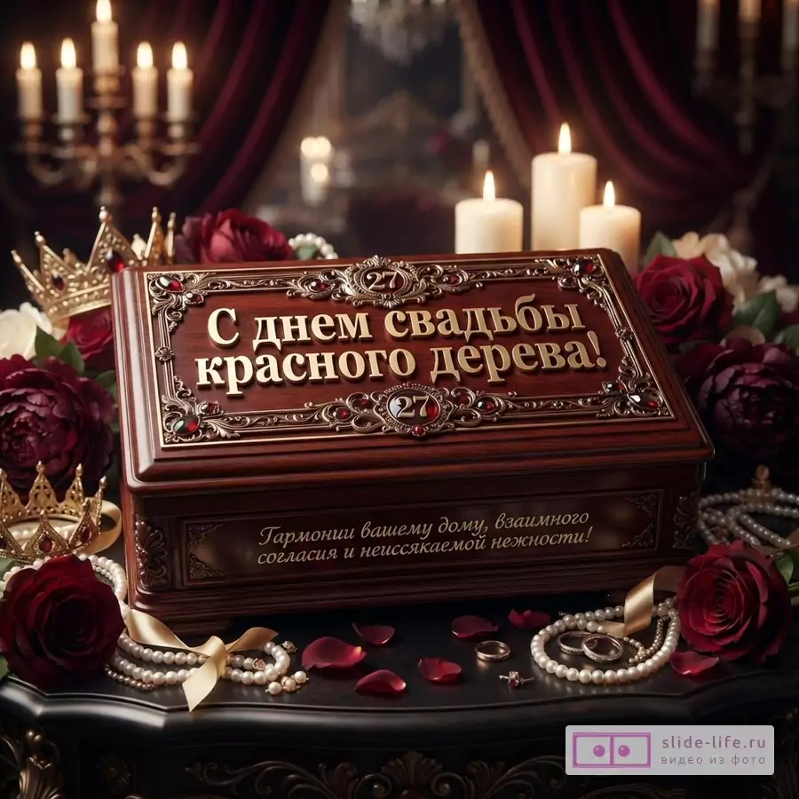 Шкатулка из красного дерева с золотыми буквами «С днем свадьбы красного дерева!» и цифрами «27», на фоне красных роз, жемчужных бус и свечей