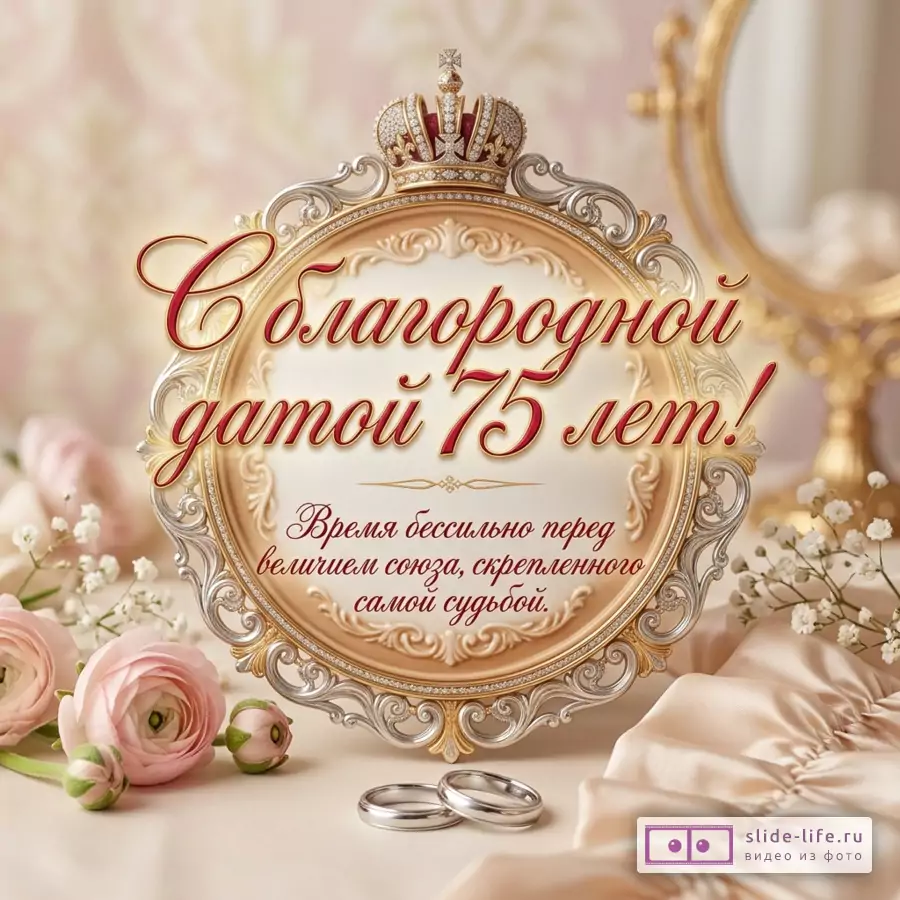 Круглый медальон с короной и надписью «С благородной датой 75 лет! Время бессильно перед величием союза, скрепленного самой судьбой.», обручальные кольца, розовые лютики на бежевом фоне.