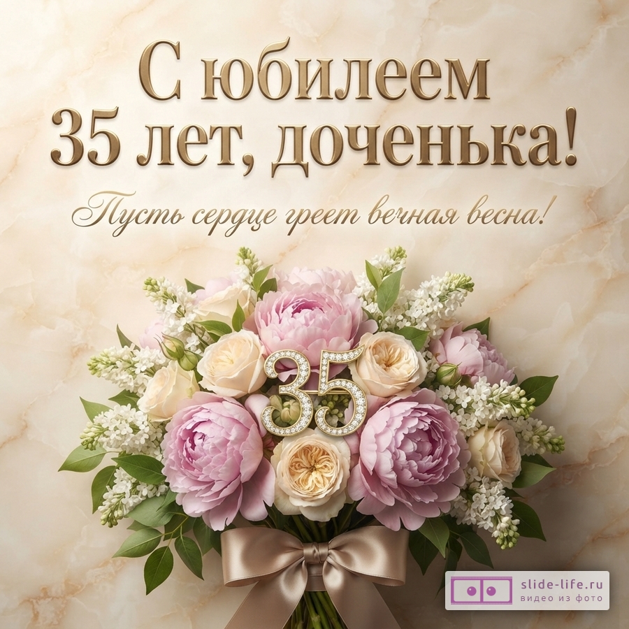 Букет из розовых пионов и белой сирени с золотой цифрой 35 на бежевом мраморном фоне и надписью «С юбилеем 35 лет, доченька! Пусть сердце греет вечная весна!».