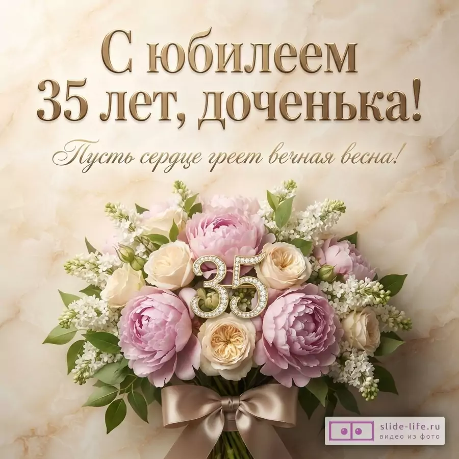 Букет из розовых пионов и белой сирени с золотой цифрой 35 на бежевом мраморном фоне и надписью «С юбилеем 35 лет, доченька! Пусть сердце греет вечная весна!».