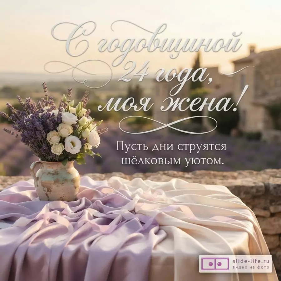 Стол с атласной сиреневой тканью, кувшин с лавандой и белыми розами на фоне прованского пейзажа, текст «С годовщиной 24 года, моя жена! Пусть дни струятся шёлковым уютом.»
