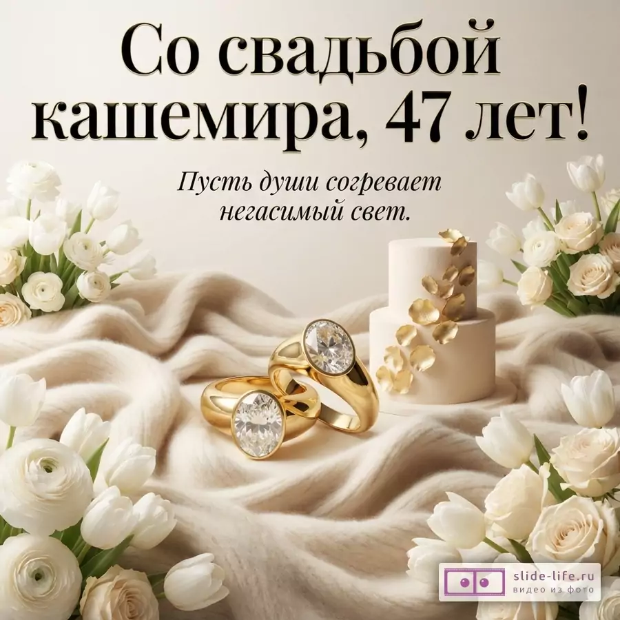 Бежевый фон, бежевая кашемировая ткань, белые цветы, два золотых кольца с бриллиантами, двухъярусный торт с золотыми листьями. Надпись: «Со свадьбой кашемира, 47 лет! Пусть души согревает негасимый свет.»