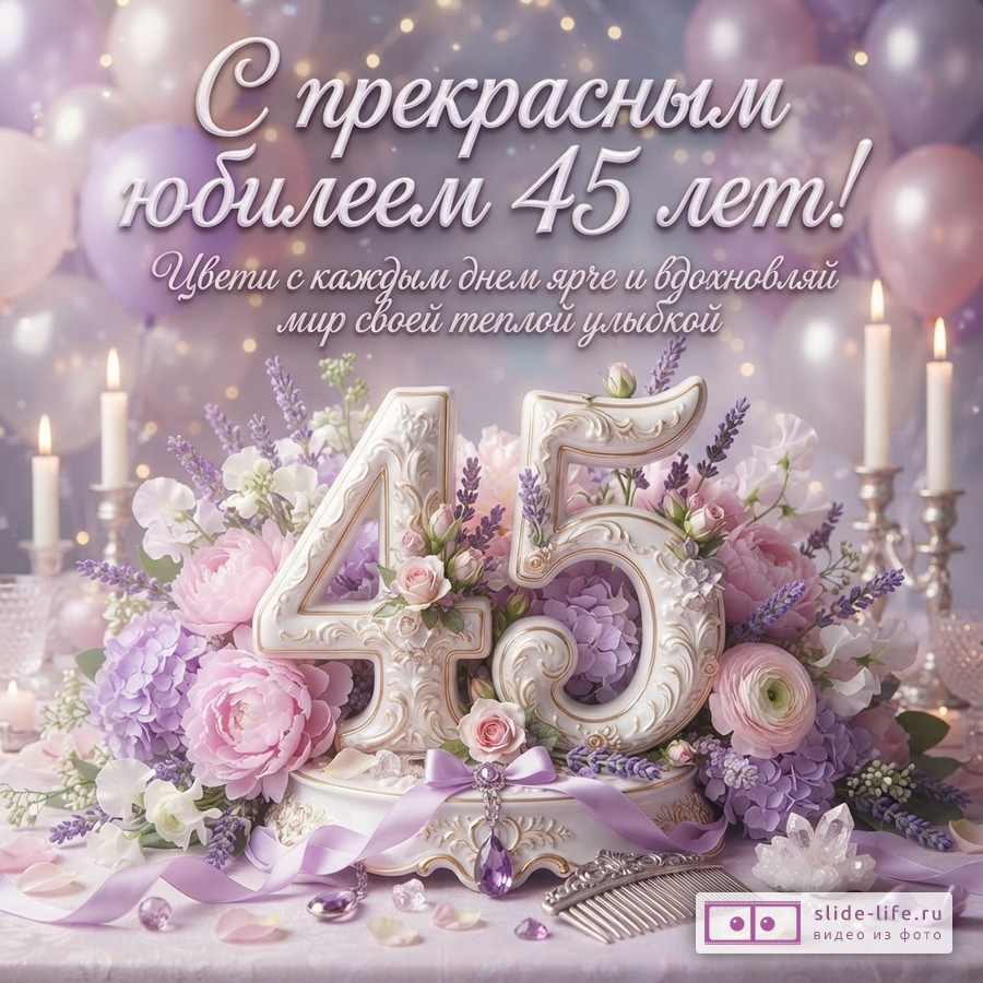 Открытка с юбилеем 45 лет. Фон с сиреневыми и розовыми воздушными шарами, боке. В центре объемные белые цифры «45» с золотистым орнаментом, украшенные сиреневыми и розовыми цветами. На переднем плане сиреневые ленты, украшения, расческа. Текст: «С прекрасным юбилеем 45 лет! Цвети с каждым днем ярче и вдохновляй мир своей теплой улыбкой»