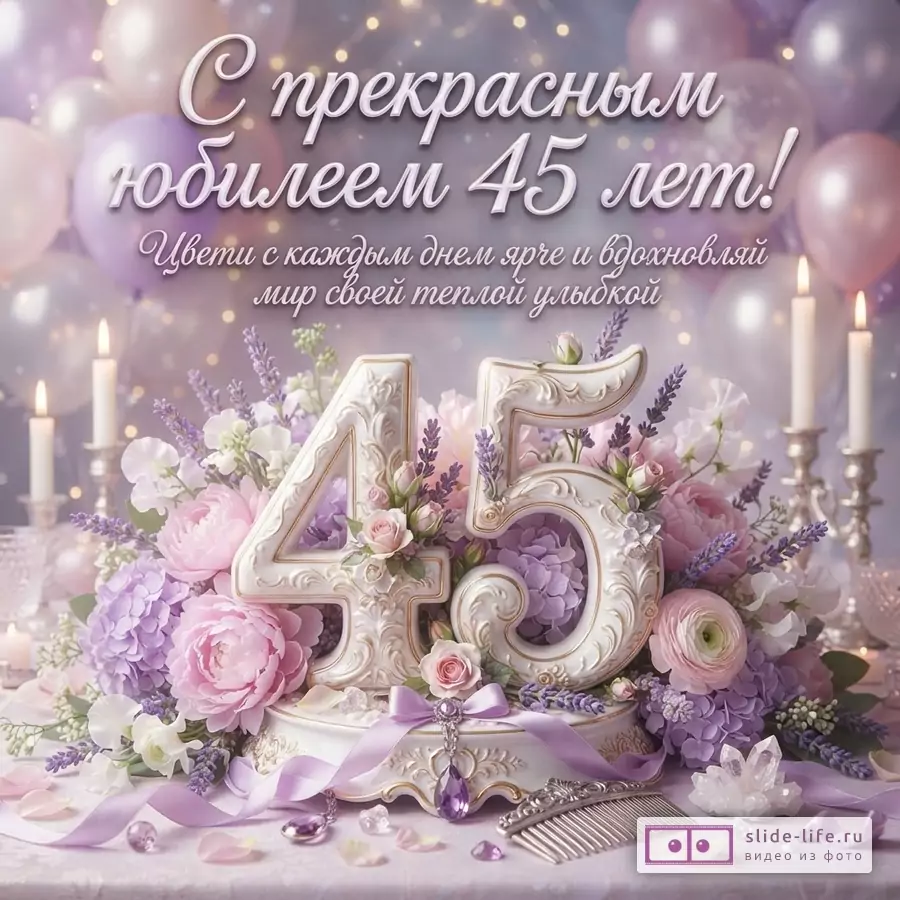Открытка с юбилеем 45 лет. Фон с сиреневыми и розовыми воздушными шарами, боке. В центре объемные белые цифры «45» с золотистым орнаментом, украшенные сиреневыми и розовыми цветами. На переднем плане сиреневые ленты, украшения, расческа. Текст: «С прекрасным юбилеем 45 лет! Цвети с каждым днем ярче и вдохновляй мир своей теплой улыбкой»