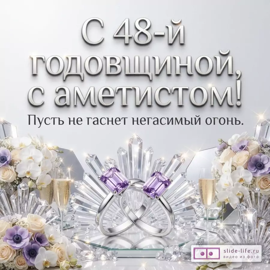 Светло-серый фон, серебряные буквы, текст «С 48-й годовщиной, с аметистом! Пусть не гаснет негасимый огонь.», два кольца с фиолетовыми камнями, кристаллы, цветы, бокалы с шампанским.