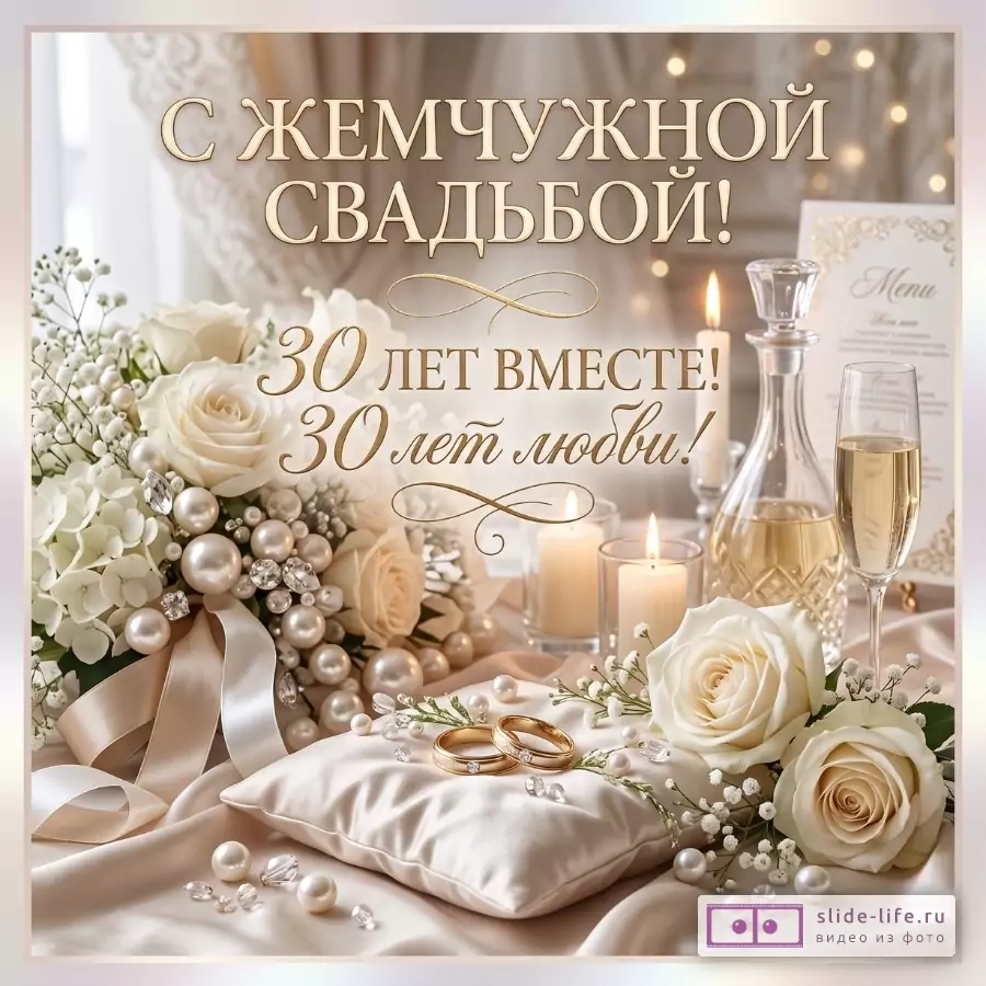 Бежево-кремовый фон, белые розы, жемчуг, свечи, бокал и графин с шампанским, обручальные кольца на подушке. Текст: «С ЖЕМЧУЖНОЙ СВАДЬБОЙ! 30 ЛЕТ ВМЕСТЕ! 30 лет любви!»