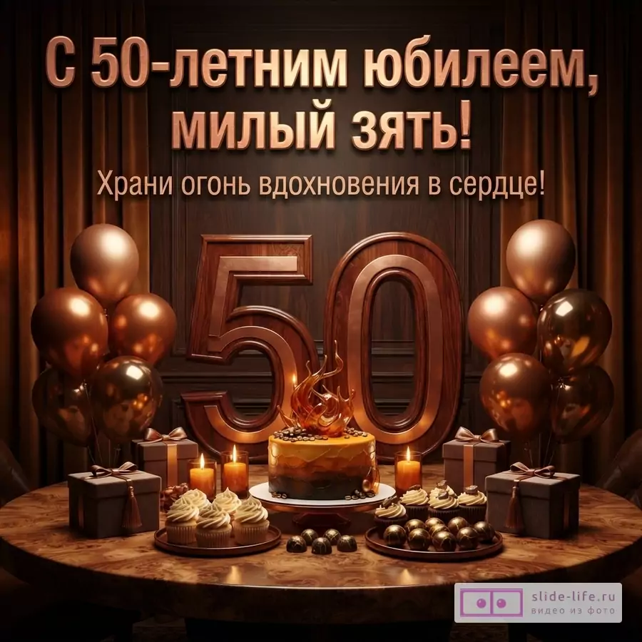 Открытка с юбилеем 50 лет для зятя на темно-коричневом фоне с золотистыми шторами. В центре стола торт, кексы, конфеты, подарки, свечи и воздушные шары. На заднем плане крупные цифры «50». Текст: «С 50-летним юбилеем, милый зять! Храни огонь вдохновения в сердце!»