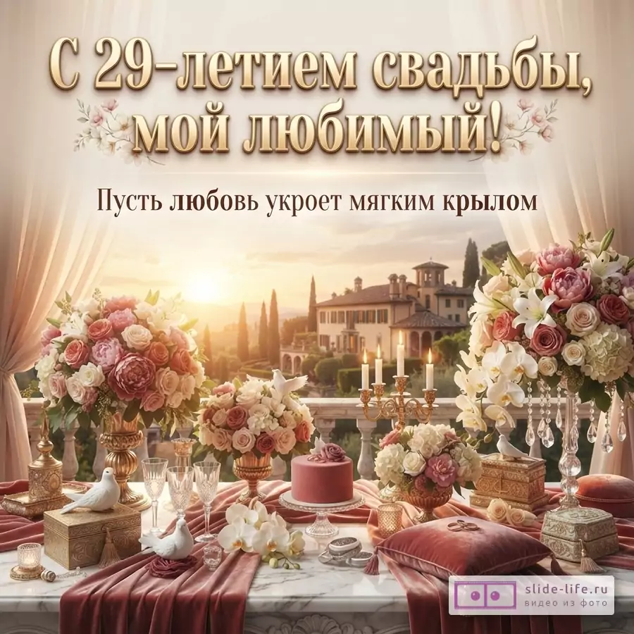 Фон с видом на виллу на закате, на переднем плане стол с цветами, свечами, тортом и подушечкой для колец. Текст «С 29-летием свадьбы, мой любимый! Пусть любовь укроет мягким крылом»