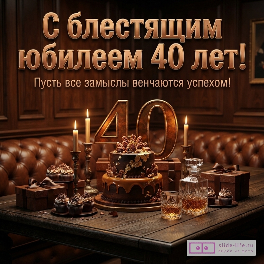 Коричневый фон, на котором золотистые буквы «С блестящим юбилеем 40 лет! Пусть все замыслы венчаются успехом!». Внизу столик с тортом, свечами, шариками, виски и подарком.