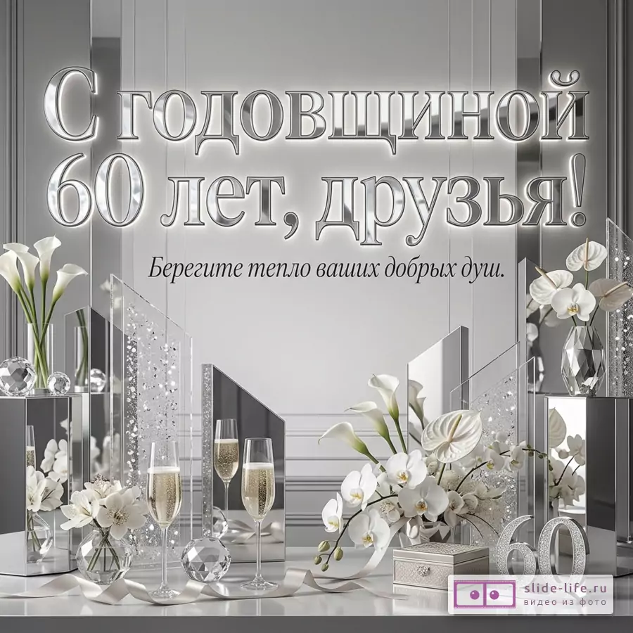 Серебристо-белая открытка с зеркальными панелями, белыми каллами, орхидеями, бокалами и цифрой 60, текст «С годовщиной 60 лет, друзья! Берегите тепло ваших добрых душ.»