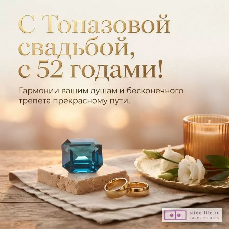 Бежевый фон, золотой текст «С Топазовой свадьбой, с 52 годами! Гармонии вашим душам и бесконечного трепета прекрасному пути.», внизу синий топаз, золотые кольца, белый цветок, свеча и тарелка