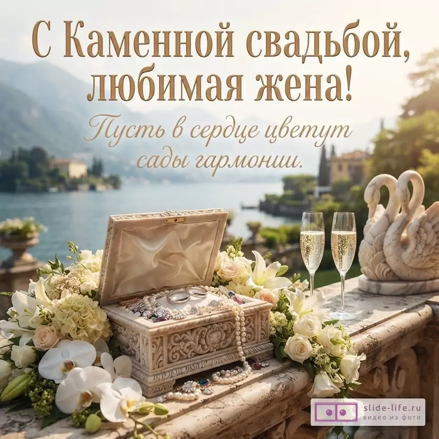 Открытка с видом на озеро и горы, на переднем плане шкатулка с украшениями, цветы, два бокала шампанского и статуэтка лебедей. Текст: «С Каменной свадьбой, любимая жена! Пусть в сердце цветут сады гармонии.»