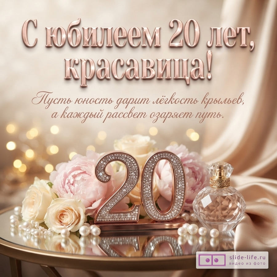 Инкрустированная кристаллами цифра 20, розы, пионы и флакон духов на столике с текстом: «С юбилеем 20 лет, красавица! Пусть юность дарит лёгкость крыльев, а каждый рассвет озаряет путь.»