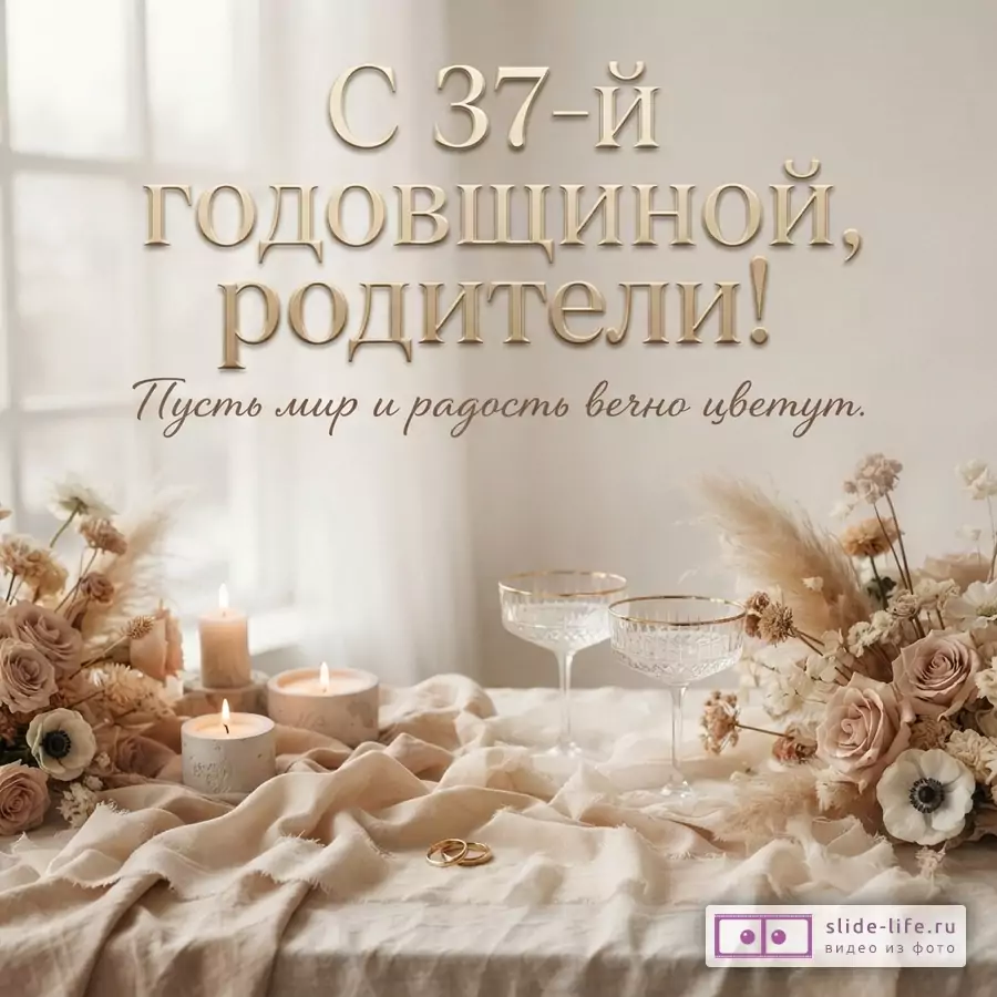 Бежевый фон, золотой текст «С 37-й годовщиной, родители! Пусть мир и радость вечно цветут.», свечи, бокалы, кольца, цветы.