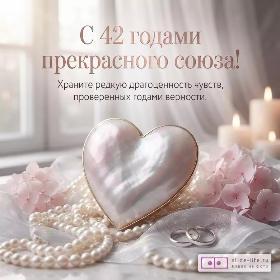 Фон светлый, размытый. В центре перламутровое сердце в золотой рамке. На сердце текст «С 42 годами прекрасного союза! Храните редкую драгоценность чувств, проверенных годами верности.». Внизу жемчужные бусы, розовые цветы, серебристая лента и два обручальных кольца.