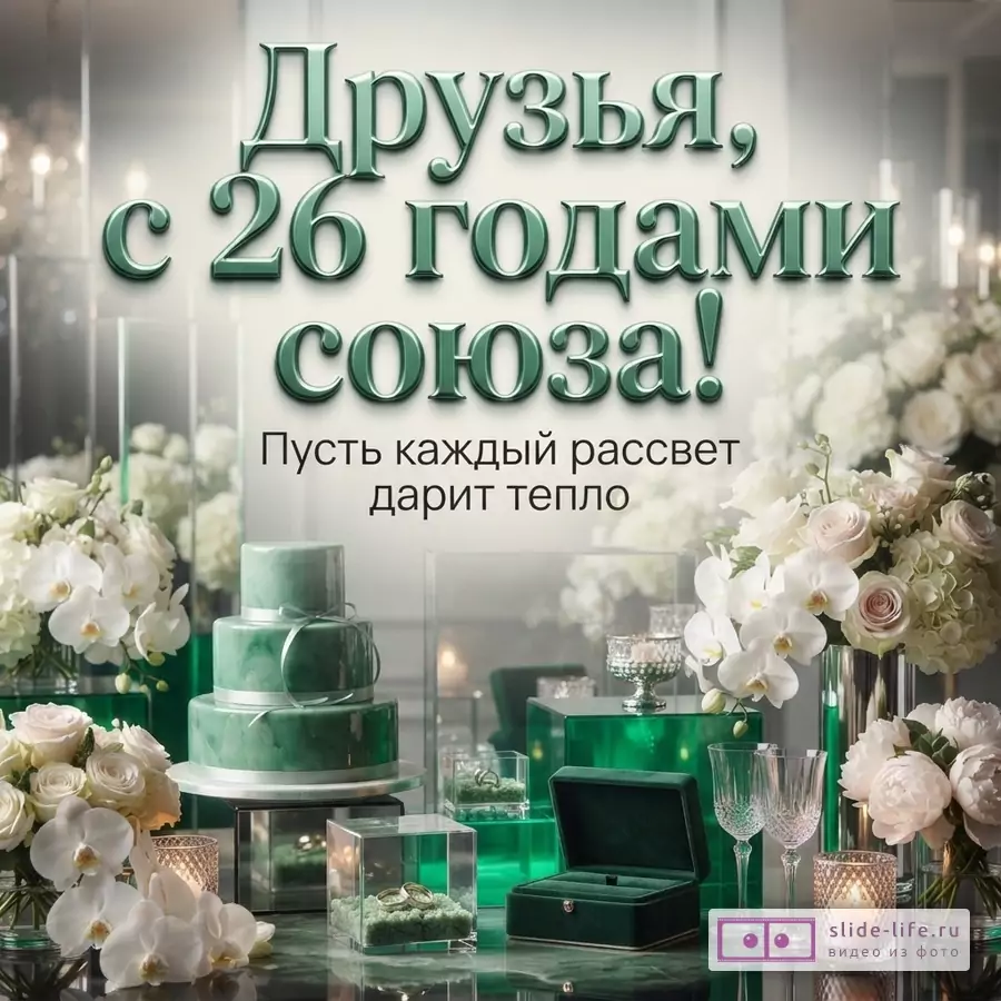 Зелёно-белая открытка с цветами и тортом, крупный текст «Друзья, с 26 годами союза!», ниже «Пусть каждый рассвет дарит тепло»