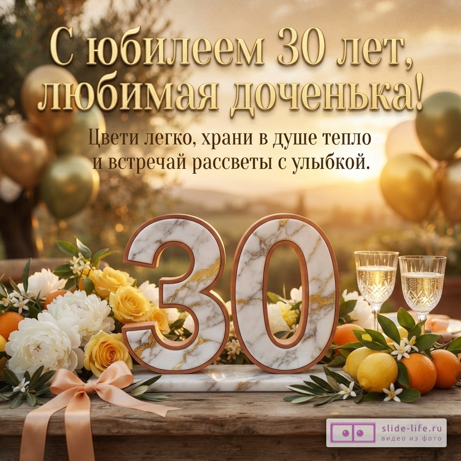 Мраморная цифра 30, белые пионы, бокалы с шампанским и надпись «С юбилеем 30 лет, родная дочка! Цвети легко, храни в душе тепло и встречай рассветы с улыбкой.»