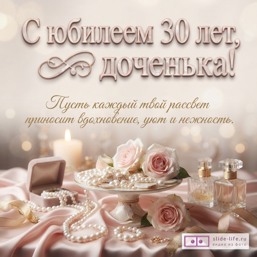 Жемчужные бусы, розовые розы, флаконы духов и свеча на бежевом шелке с текстом «С юбилеем 30 лет, доченька! Пусть каждый твой рассвет приносит вдохновение, уют и нежность.»
