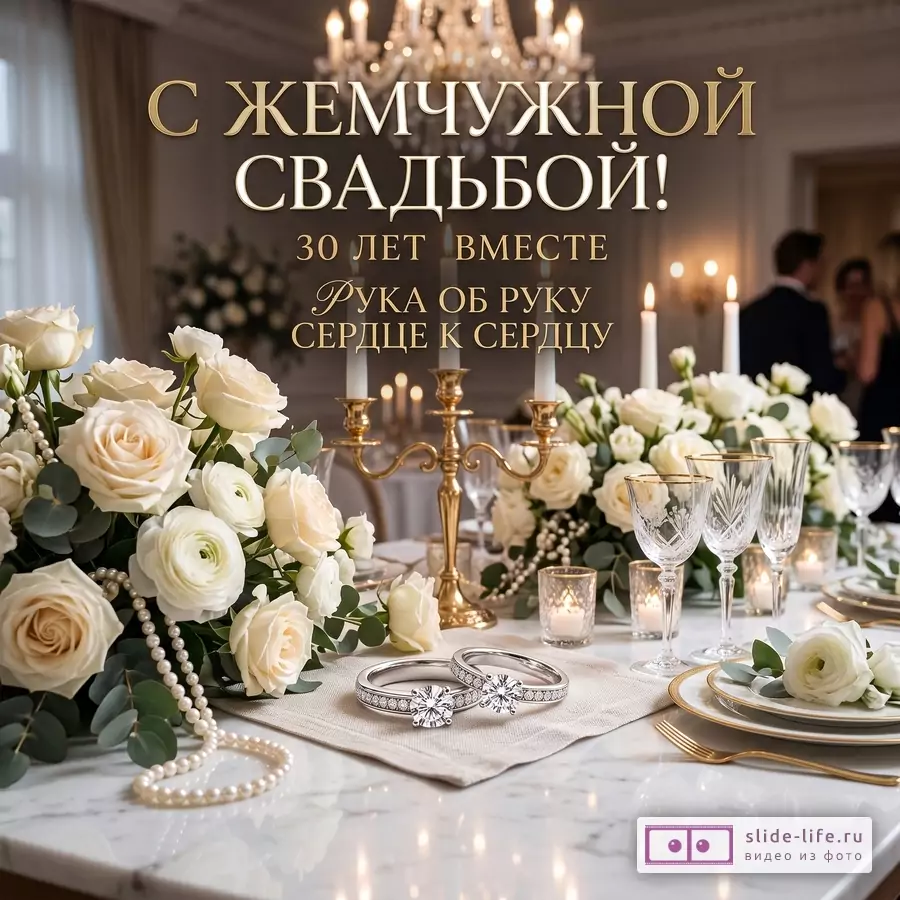 Золотисто-белая открытка на бежевом фоне: розы, свечи, бокалы, обручальные кольца, жемчуг. Текст: «С ЖЕМЧУЖНОЙ СВАДЬБОЙ! 30 ЛЕТ ВМЕСТЕ РУКА ОБ РУКУ СЕРДЦЕ К СЕРДЦУ»