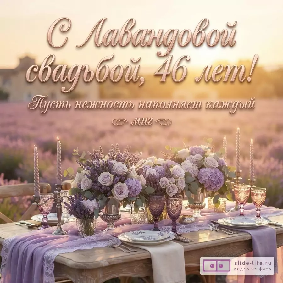 Стол с лавандовыми цветами и свечами на фоне лавандового поля, закат. Текст: «С Лавандовой свадьбой, 46 лет! Пусть нежность наполняет каждый миг»
