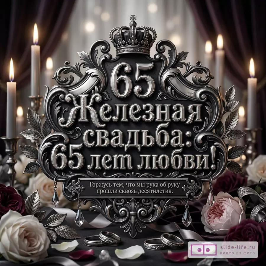 Декоративная черно-серебристая табличка с короной, свечами, кольцами, розами и текстом «65 Железная свадьба: 65 лет любви! Горжусь тем, что мы рука об руку прошли сквозь десятилетия.» на темном фоне