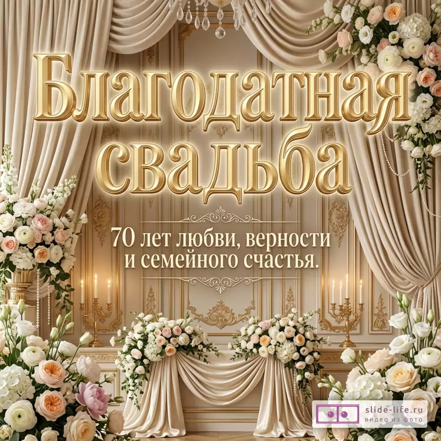 Бежевая открытка с драпировками, люстрой, цветочными композициями и свечами, золотой надписью «Благодатная свадьба 70 лет любви, верности и семейного счастья.»