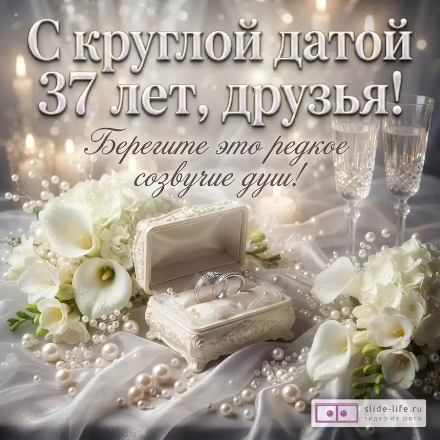 Фон боке, свечи. Белые цветы, жемчуг, два бокала, открытая шкатулка с двумя кольцами. Текст: «С круглой датой 37 лет, друзья! Берегите это редкое созвучие душ!»