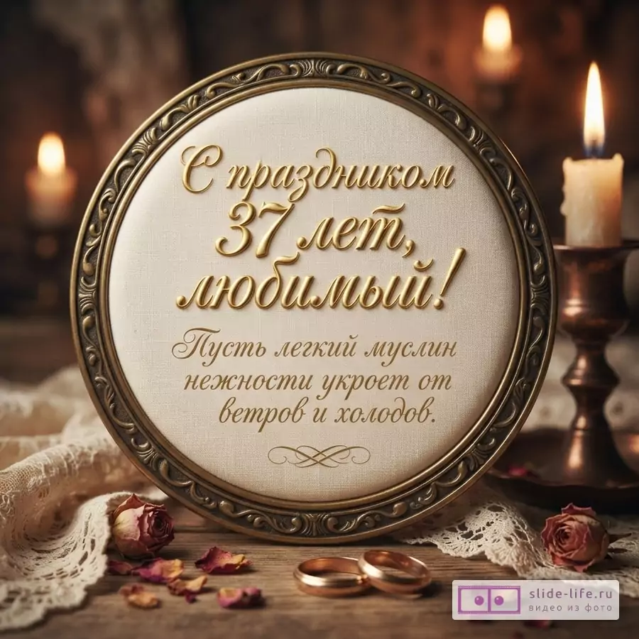 Круглая рамка с бежевым фоном, золотые буквы, свечи, кольца, лепестки роз. Текст: «С праздником 37 лет, любимый! Пусть легкий муслин нежности укроет от ветров и холодов.»