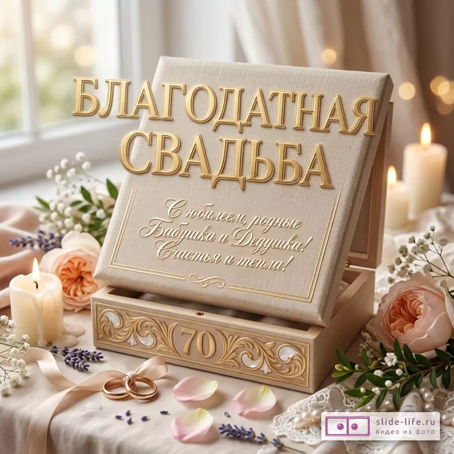 Открытка в бежево-кремовых тонах с коробкой и крышкой, свечами, розами, кольцами, кружевом и надписью «БЛАГОДАТНАЯ СВАДЬБА С юбилеем, родные Бабушка и Дедушка! Счастья и тепла! 70»