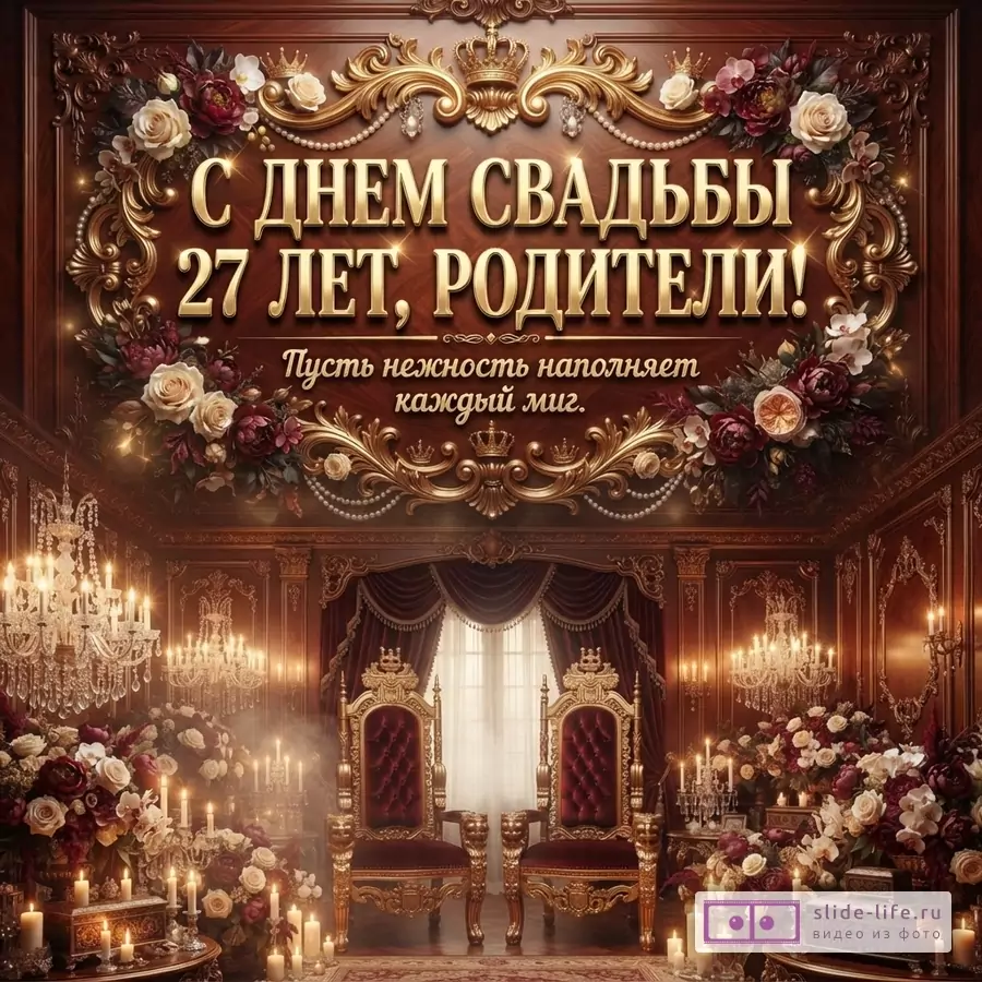 Открытка с деревянным фоном, золотыми узорами и цветами. Текст «С ДНЕМ СВАДЬБЫ 27 ЛЕТ, РОДИТЕЛИ! Пусть нежность наполняет каждый миг.»