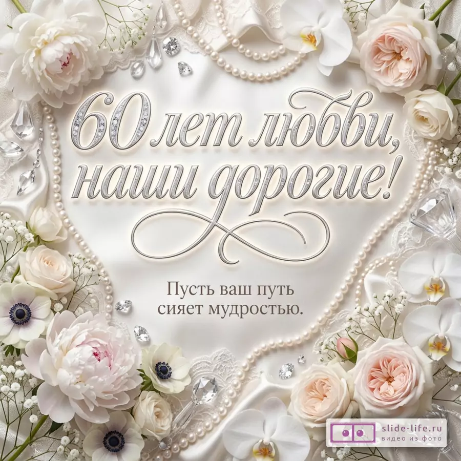 Белая открытка с кружевом, жемчужными нитями, белыми и кремовыми цветами, кристаллами и текстом «60 лет любви, наши дорогие! Пусть ваш путь сияет мудростью.»