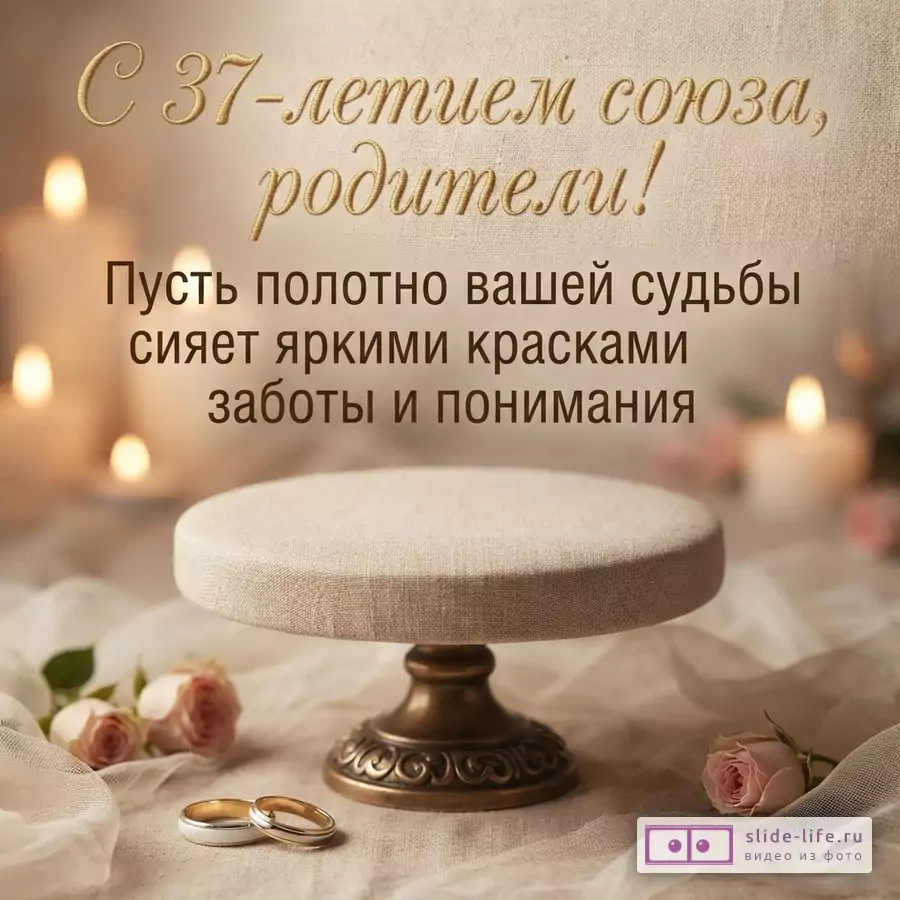 Бежевый фон, свечи, подставка, две розы, два обручальных кольца. Текст: «С 37-летием союза, родители! Пусть полотно вашей судьбы сияет яркими красками заботы и понимания»