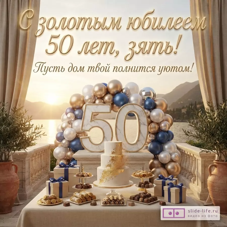 Открытка с золотым юбилеем 50 лет зятю. На фоне заката над озером, на террасе накрыт стол с тортом, сладостями и подарками. Декор из шаров и цифр «50». Текст: «С золотым юбилеем 50 лет, зять! Пусть дом твой полнится уютом!»