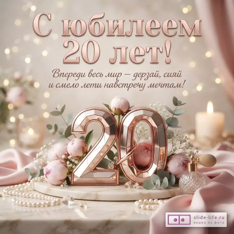 Открытка с юбилеем 20 лет с пожеланием дерзать и сиять
