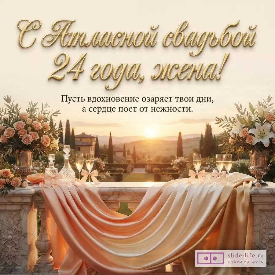 Мраморная терраса с атласной драпировкой, бокалами и цветами на фоне заката с надписью «С Атласной свадьбой 24 года, жена! Пусть вдохновение озаряет твои дни, а сердце поет от нежности.»