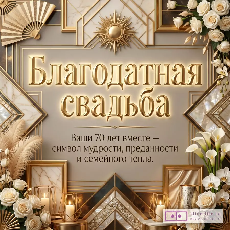 Открытка в бежево-золотых тонах с геометрической рамкой, белыми розами, каллами, свечами и веерами, текст «Благодатная свадьба Ваши 70 лет вместе — символ мудрости, преданности и семейного тепла.»