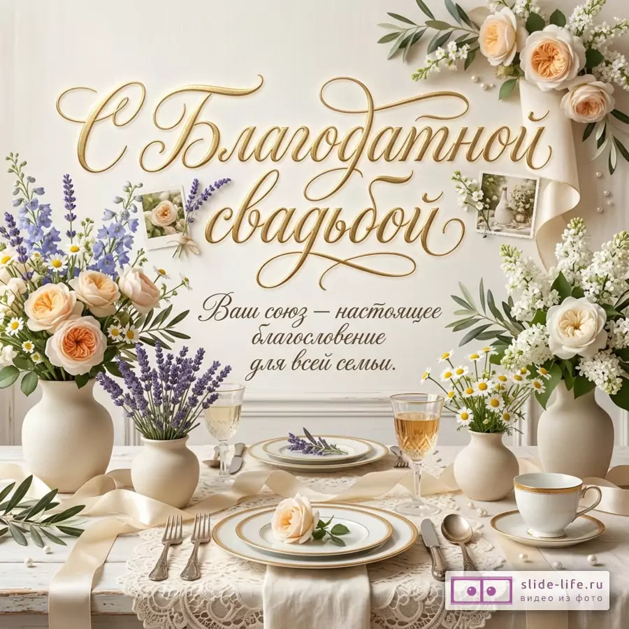 Светлый кремовый фон, цветы в вазах, розы, лаванда, ромашки, сервированный стол с тарелками, бокалами и чашкой, надпись «С Благодатной свадьбой Ваш союз — настоящее благословение для всей семьи.»