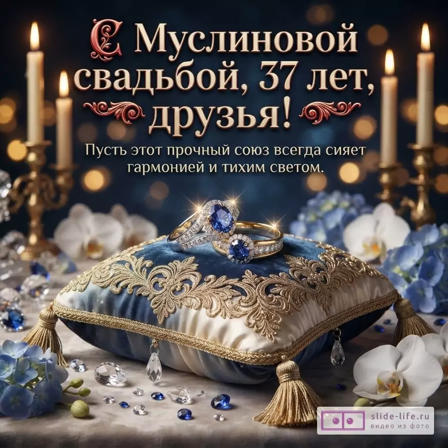 Темно-синий фон, две горящие свечи, подушка с золотой вышивкой, два обручальных кольца, белые и синие цветы. Текст: «С Муслиновой свадьбой, 37 лет, друзья! Пусть этот прочный союз всегда сияет гармонией и тихим светом»