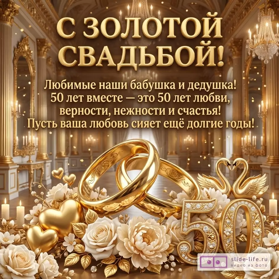 Золотистая открытка на бежево-коричневом фоне с дворцовым залом, люстрами, кольцами, сердцами и цветами; текст «С ЗОЛОТОЙ СВАДЬБОЙ!», «50 лет вместе»