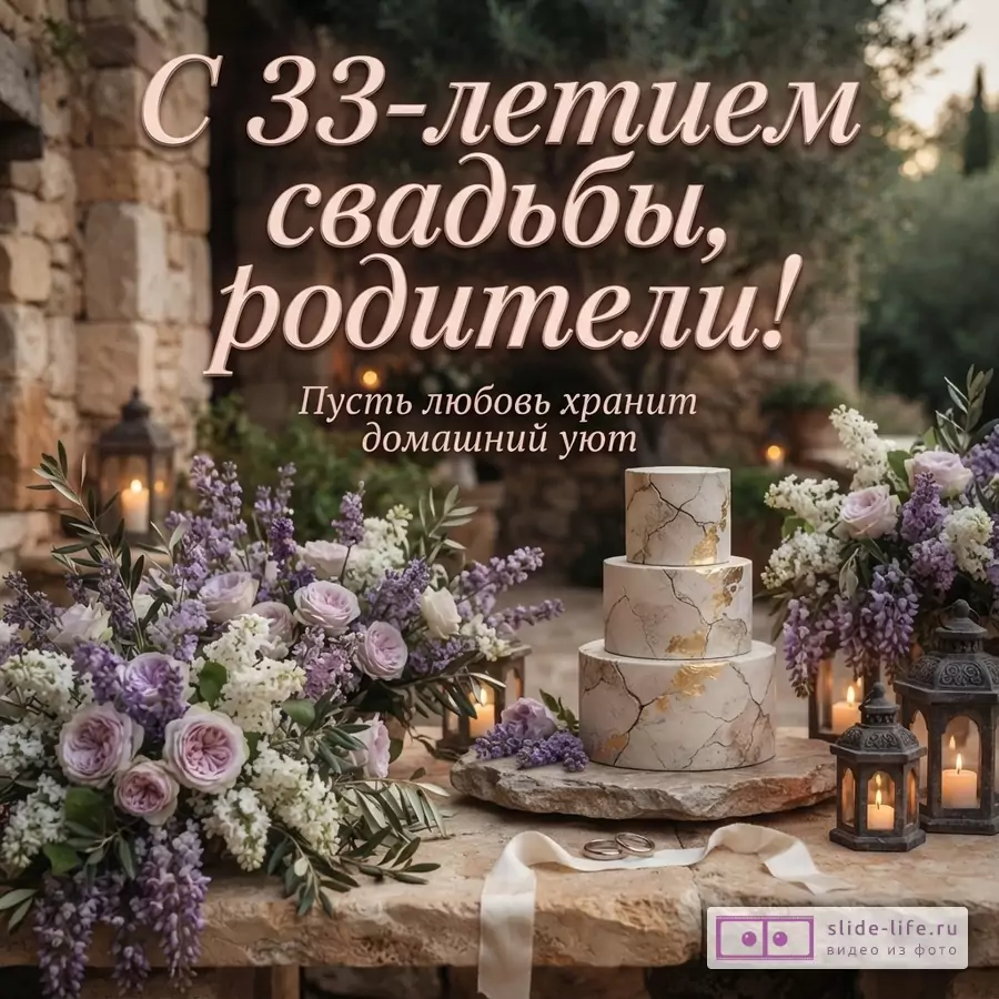 Каменная стена, фонтан, цветы сиреневого и белого цвета, свечи в фонарях, трехъярусный торт с золотыми вставками, обручальные кольца. Текст: «С 33-летием свадьбы, родители! Пусть любовь хранит домашний уют»