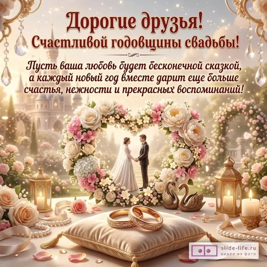 Бежево-золотой фон, цветочная арка с женихом и невестой, свечи, лебеди, кольца. Текст: «Дорогие друзья! Счастливой годовщины свадьбы!»