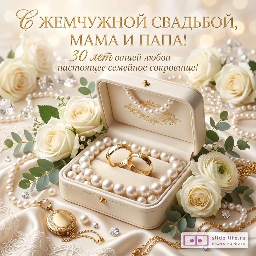 Кремовый фон, белые розы, жемчужные нити, бархатная шкатулка с кольцами. Текст: «С ЖЕМЧУЖНОЙ СВАДЬБОЙ, МАМА И ПАПА! 30 лет вашей любви — настоящее семейное сокровище!»