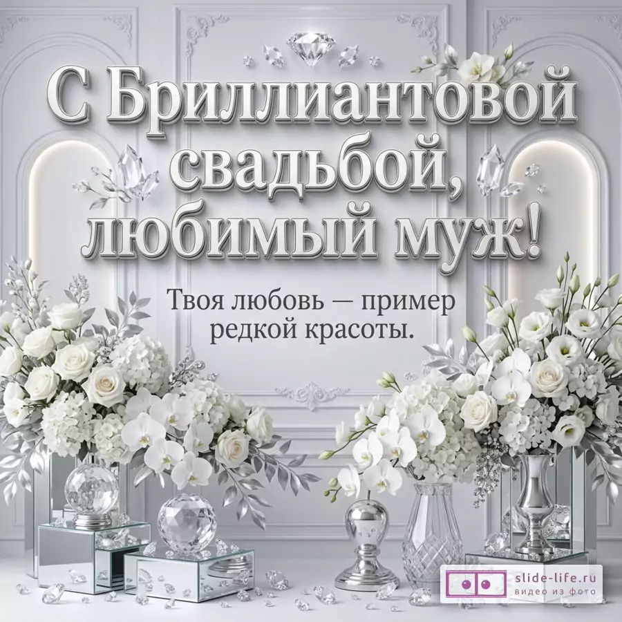 Белая открытка с цветами, хрустальными шарами, бриллиантами и серебристыми листьями, текст «С бриллиантовой датой, мой супруг! Ваша любовь — пример редкой красоты»