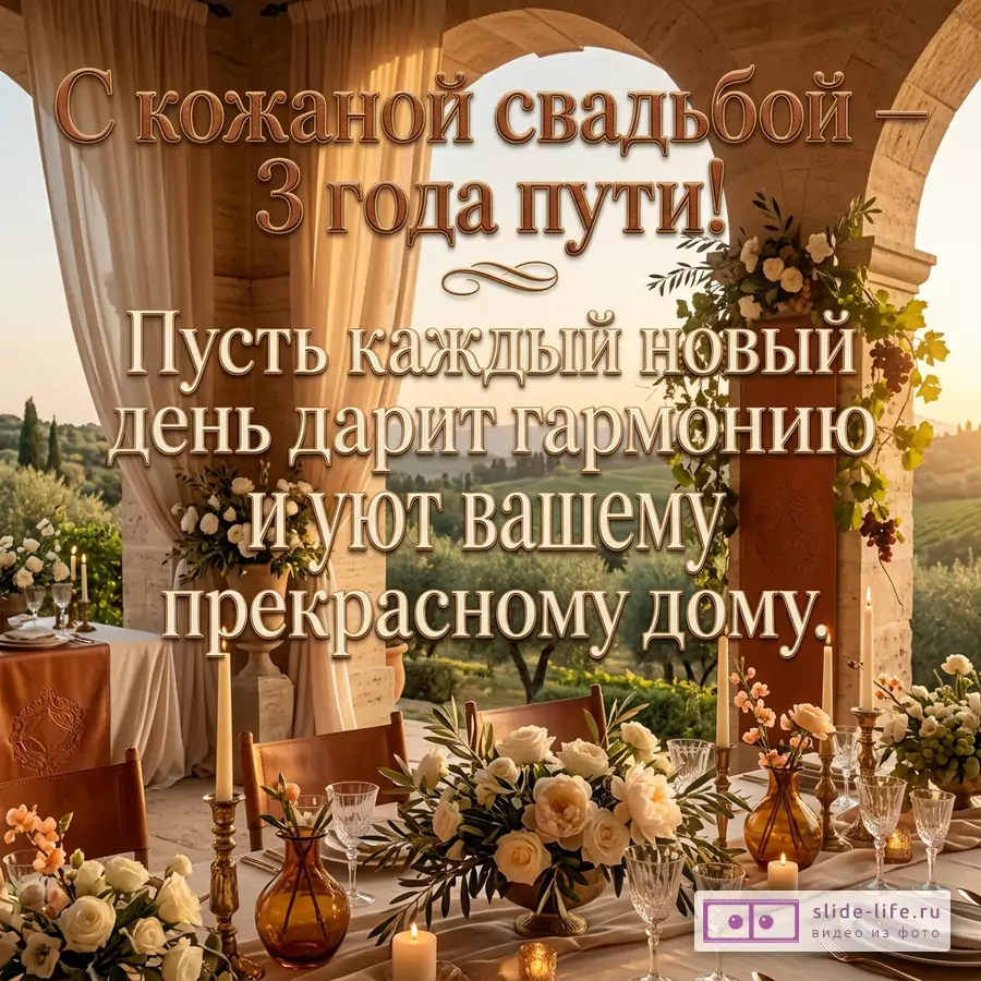 Бежево-золотая открытка с террасой, цветами, свечами и столом. Текст: «С кожаной свадьбой — 3 года пути! Пусть каждый новый день дарит гармонию и уют вашему прекрасному дому.»