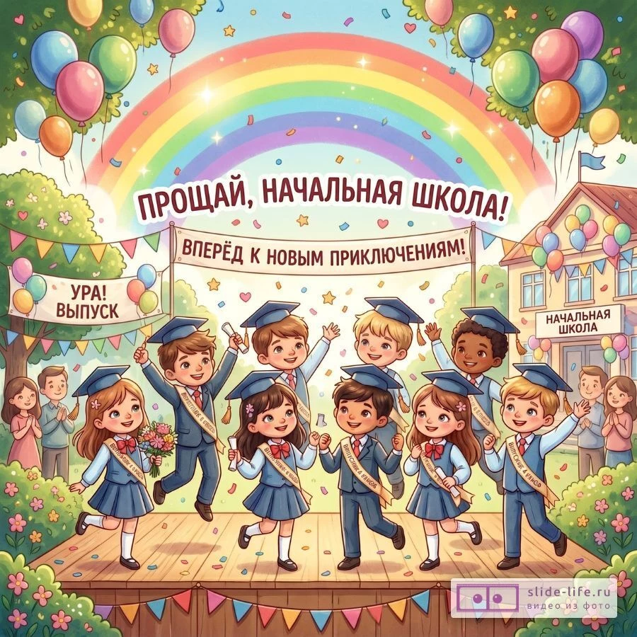 Открытка Выпускной 4 класс — красивые картинки с поздравлением для начальной школы
